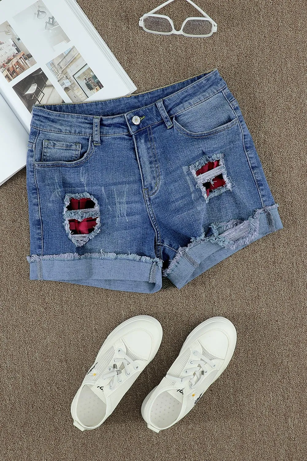 Ripped Patchwork Hem Denim Shorts for Women