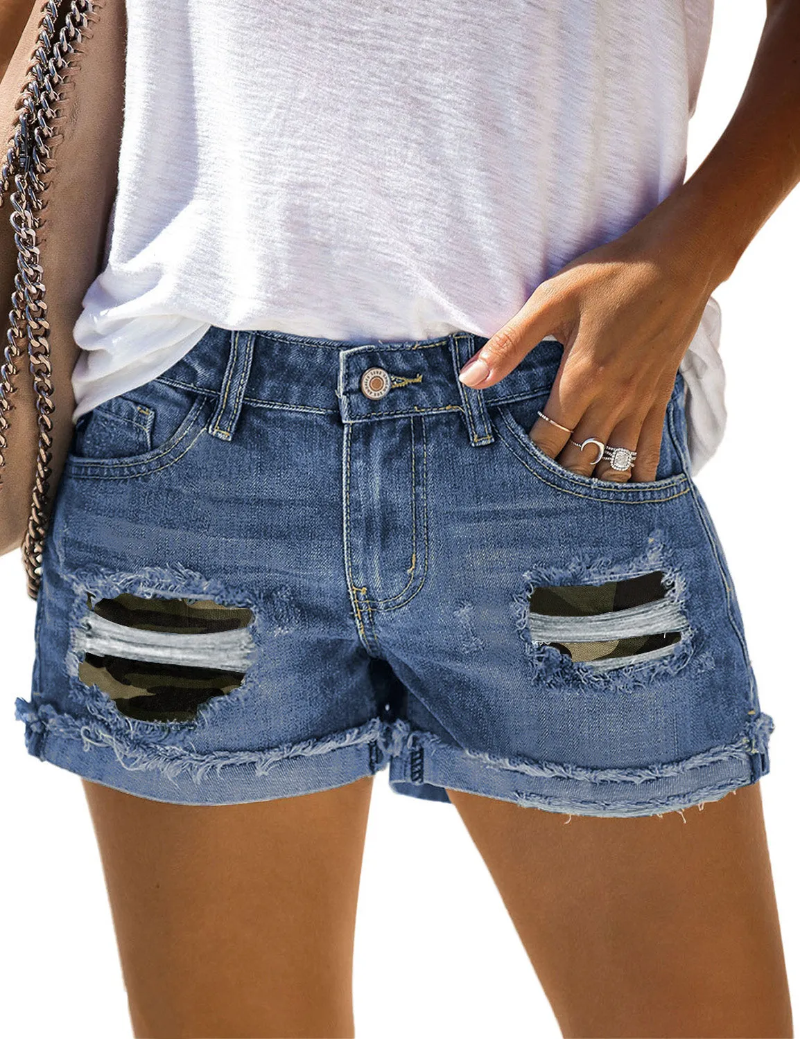 Ripped Patchwork Hem Denim Shorts for Women