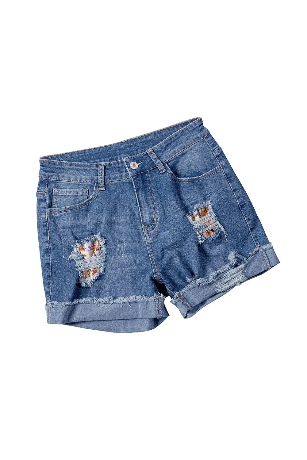 Ripped Patchwork Hem Denim Shorts for Women