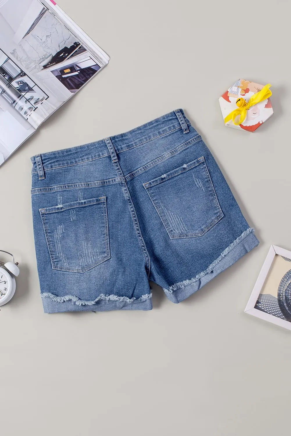 Ripped Patchwork Hem Denim Shorts for Women