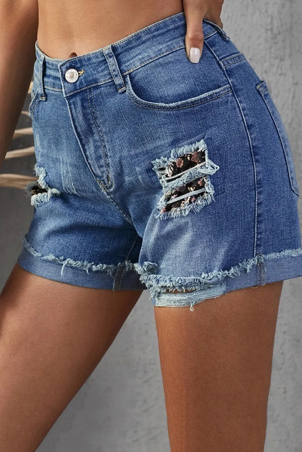 Ripped Patchwork Hem Denim Shorts for Women