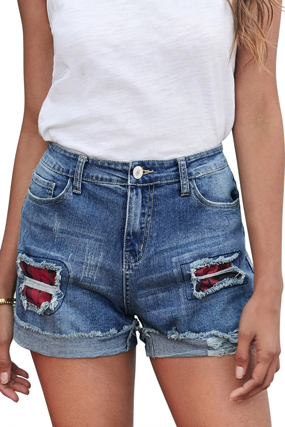 Ripped Patchwork Hem Denim Shorts for Women