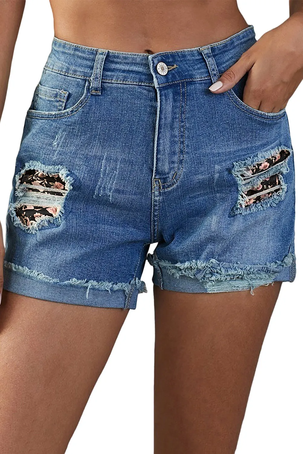 Ripped Patchwork Hem Denim Shorts for Women