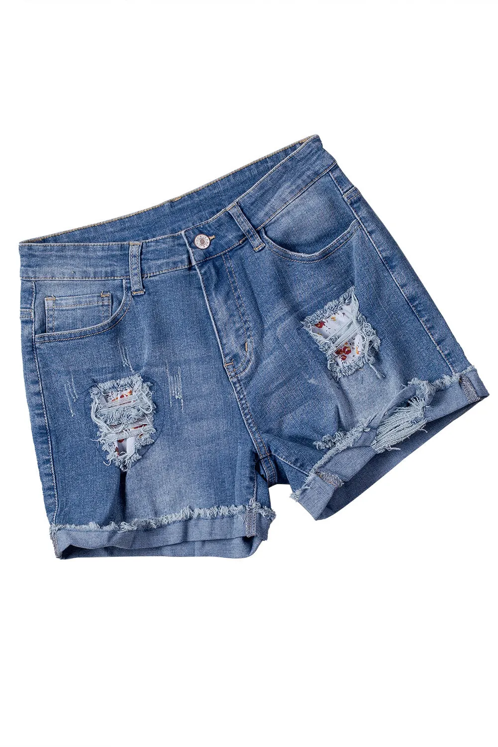 Ripped Patchwork Hem Denim Shorts for Women