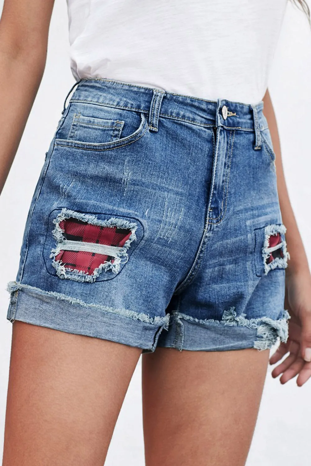 Ripped Patchwork Hem Denim Shorts for Women